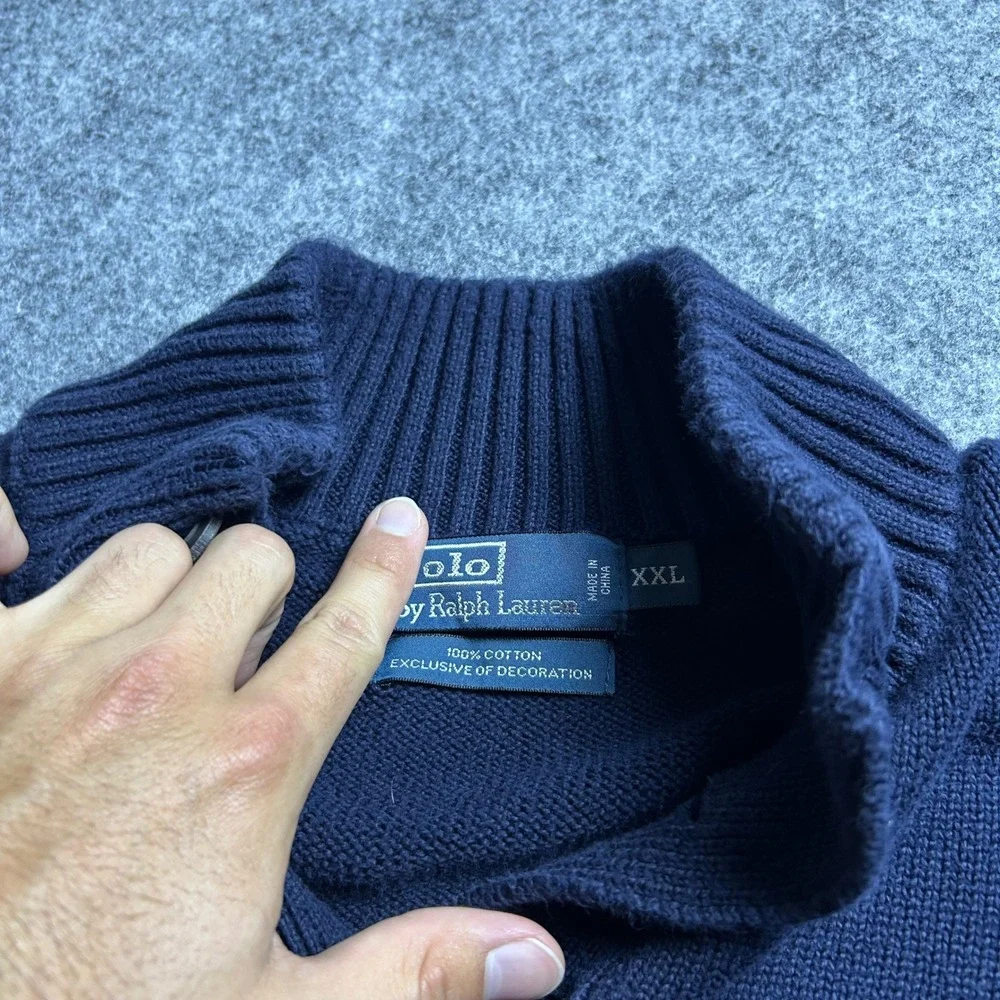 Polo Ralph Lauren Navy Blue Button Mock Neck Cotton Sweater XXL Baggy Y2K Retro